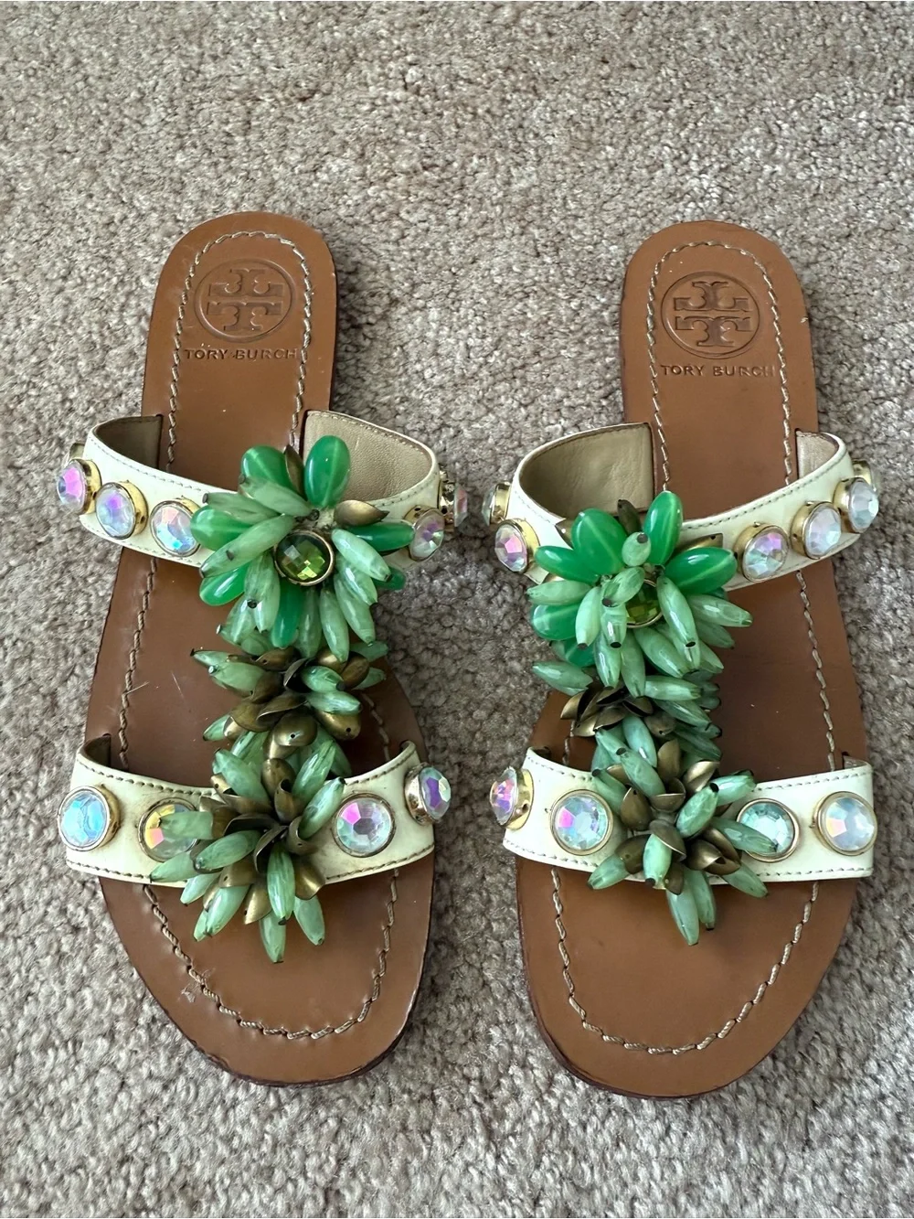 Tory Burch Sydney Leather Slides Sandals with Crystal Studs  Floral Accents